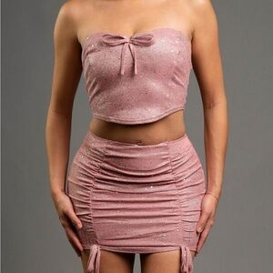 Elegant Pink Strapless Glitter Dress Set